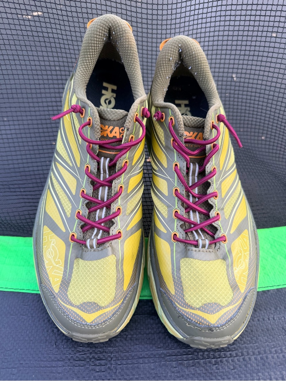 Hoka One One Olive Green Yellow Trail Running Shoes with Burgundy Laces - Picture 3 of 7